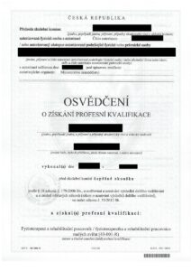 Osvědčení o získání profesní kvalifikace - Fyzioterapeut a rehabilitační pracovník malých zvířat